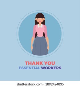 Teacher Woman Blue Thanks Essential Workers Logo - Vector