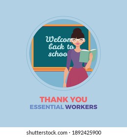 Teacher Woman Blue Thanks Essential Workers Logo - Vector