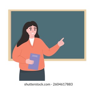 Teacher woman at the board explains. Student tells the lesson. Vector flat graphics.