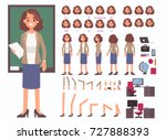 
Teacher woman character constructor and objects for animation.  Set of various women's poses, faces, mouth, hands, legs. Flat style vector illustration isolated on white background.