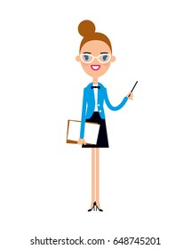 Teacher woman character. Manager girl wearing glasses and uniform. Vector illustration.