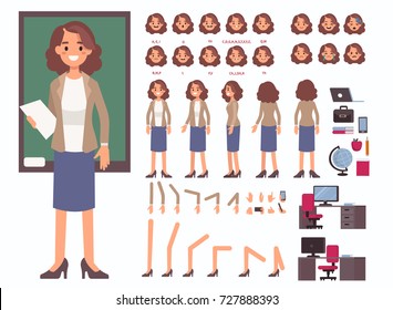 Teacher woman character constructor and objects for animation. Set of various women's poses, faces, mouth, hands, legs. Flat style vector illustration isolated on white background.
Teacher woman character constructor and objects for animation. Set of various women's poses, faces, mouth, hands, legs. Flat style vector illustration isolated on white background.