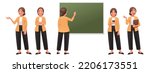 Teacher woman character set. Friendly teacher points, poses, writes on the blackboard, looks at the phone, speaks. Vector illustration in cartoon style