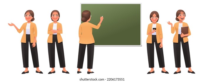 Teacher woman character set. Friendly teacher points, poses, writes on the blackboard, looks at the phone, speaks. Vector illustration in cartoon style