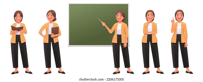 Teacher woman character set. Happy teacher pointing at the blackboard, posing, reading, thinking, idea. Vector illustration in cartoon style