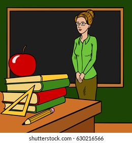 Teacher woman in classroom cartoon vector illustration