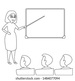 Teacher woman explains task to students. School lecture hall interior. Vector illustration with continuous lines on white background. 