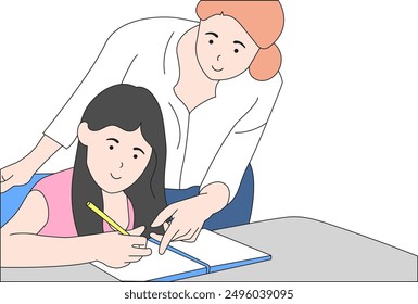 Teacher woman helping girl with homework in a classroom. Vector flat illustration.