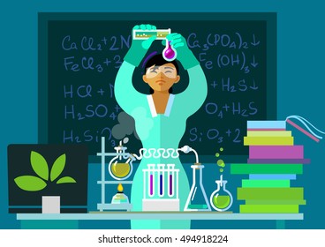 Teacher woman make chemistry experiment in classroom. Asian scientist holding flasks is doing research. Cartoon flat vector illustration. Isolated.