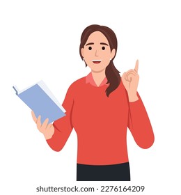 Teacher woman with open book. Teaching school professor. Flat vector illustration isolated on white background
