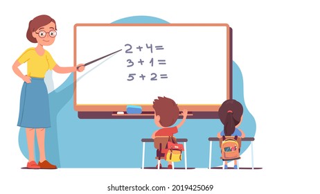 Teacher woman person pointing at whiteboard teaching students kids class at mathematics lesson in school classroom. Children at desks learn maths. Education, knowledge, study flat vector illustration