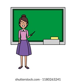 teacher woman with pointer and chalkboard