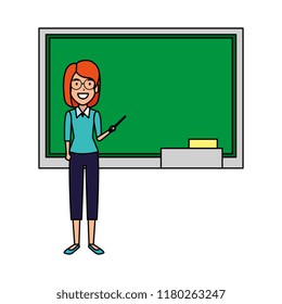 teacher woman with pointer and chalkboard