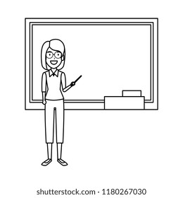 teacher woman with pointer and chalkboard