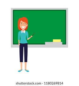 teacher woman with pointer and chalkboard