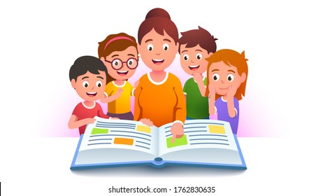 Maestra mujer señalando la gran página de libros que enseña a los niños la clase de estudiantes se reunió en la escuela o en la clase de educación infantil. Niños emocionados estudiando lectura. Ilustración vectorial plana