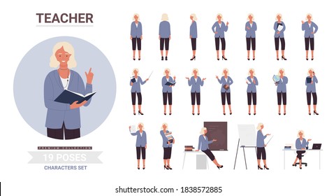 Teacher woman poses vector illustration set. Cartoon smiling female school teacher character posing in work with pupils or students, teaching postures at lecture lesson collection isolated on white