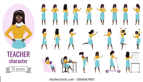 Teacher woman poses vector illustration set. Cartoon female teacher or office worker character or standing at whiteboard flipchart, gesturing, working on lecture presentation isolated on white