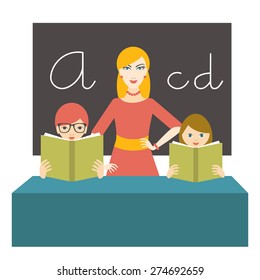 Teacher woman with pupils reading a books in class room. Flat design.