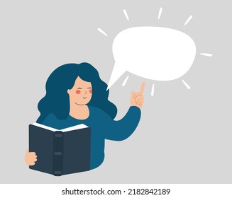 Teacher woman reading a book and points to a white empty speech bubble above. Student explains an idea from a book. Learning, Education and Teaching Concept. Vector illustration 