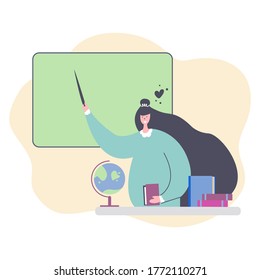 Teacher woman stands with a pointer in her hand at the blackboard, at a table with globe and textbooks. Back to school, favorite work concept. Teachers day, education, studying, lesson. Flat design.
