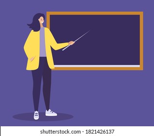 Teacher woman stands with a pointer in her hand at the blackboard. Back to school, favorite work concept. Teachers day, education, studying, lesson. Vector flat illustration.