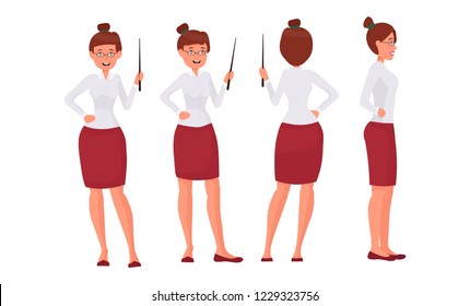 Teacher woman suit cartoon character set. School worker in different poses. For presentation, animation and website. Front, 3/4, profile, back view. Flat vector illustration isolated on white