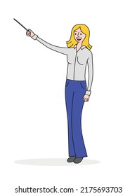 Teacher woman in a suit standing in full growth with a pointer in her hand, vector isolated cartoon illustration.
