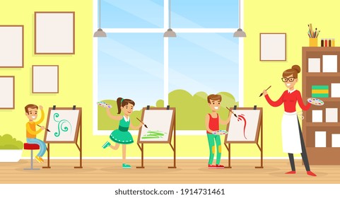 Teacher Woman Teaching Kids to Draw, Children Painting on Easel at Kindergarten or School, Early Development Concept Cartoon Vector Illustration