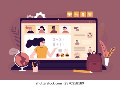 Teacher woman teaching kids students class online. Children studying remotely. Distance education school lesson video conference call concept. School items near monitor. flat vector illustration