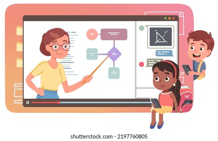 Teacher woman teaching students kids online. School girl, boy study programming by video call in mobile phone app. Children persons watching lesson. Distance education concept flat vector illustration