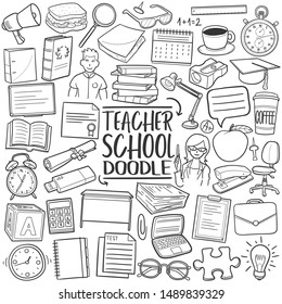 Teacher Work. Back to School. Traditional Doodle Icons. Sketch Hand Made Design Vector.