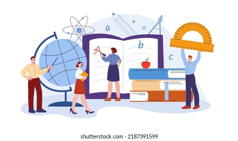 Teacher at work concept. Teachers training, school staff, university or college workers. Attractiveness innovative education, lecturer kicky vector scene