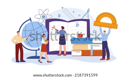 Teacher at work concept. Teachers training, school staff, university or college workers. Attractiveness innovative education, lecturer kicky vector scene