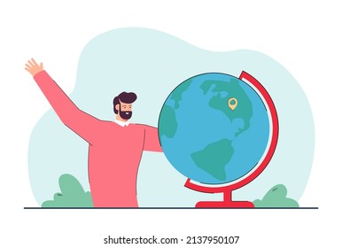 Teacher or worker next to globe with location pin. Cheerful man choosing destination flat vector illustration. Education, geography, traveling or vacation concept for banner or landing web page