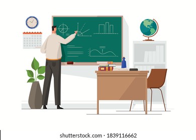 El Profesor Escribe En La Pizarra. Maestra en clase. Enseñanza masculina. De vuelta a la escuela. Ilustración vectorial