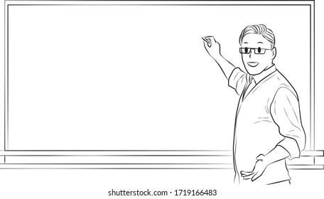 Teacher write on the board line art illustration