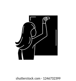 Teacher writes in chalk on a blackboard black icon, vector sign on isolated background. Teacher writes in chalk on a blackboard concept symbol, illustration 