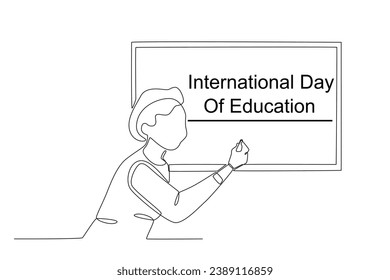 A teacher writes in class. International day of education one-line drawing