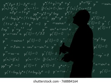 The teacher writes formulas at the board.
