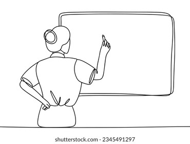 The teacher writes on the blackboard. Education Freedom Day. One line drawing for different uses. Vector illustration.