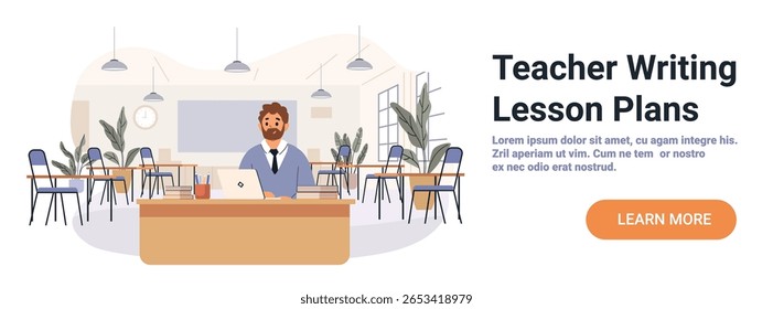 Teacher writing lesson plans classroom laptop desk books plants modern school interior background website banner
