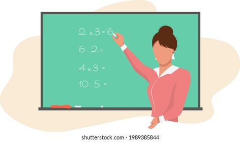Teacher writing math equations on school board in classlroom. Vector colourful illustration isolated on white background.