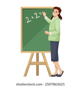 Teacher writing on chalkboard in classroom. Vector illustration