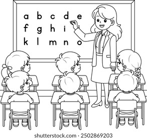 Teacher writing on a chalkboard with students sitting at desks, learning the alphabet outline coloring page