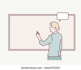 Profesor escribiendo en la pizarra mientras da la lección en el aula. Ilustraciones de diseño de Vector de estilo dibujado a mano.