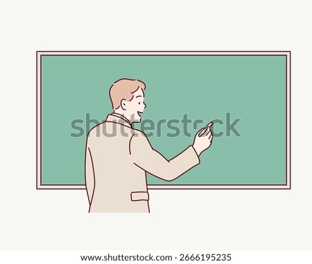 Teacher writing on chalkboard while giving lesson in classroom. Hand drawn style vector design illustrations.