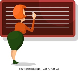 Teacher writing on a greenboard, illustration, vector on a white background.