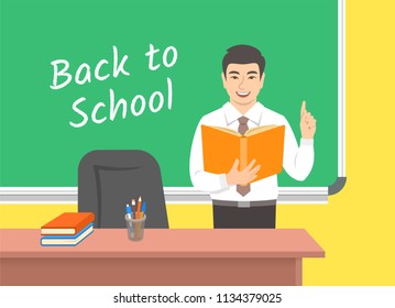 Teacher young asian man standing with open book at the blackboard in classroom. School class interior. Traditional education concept. Vector cartoon illustration. Back to school banner.