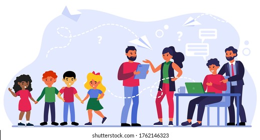 Teacher-parent meeting. Group of kids, people talking and using PC at workplace flat vector illustration. Communication, teaching, parenthood concept for banner, website design or landing web page